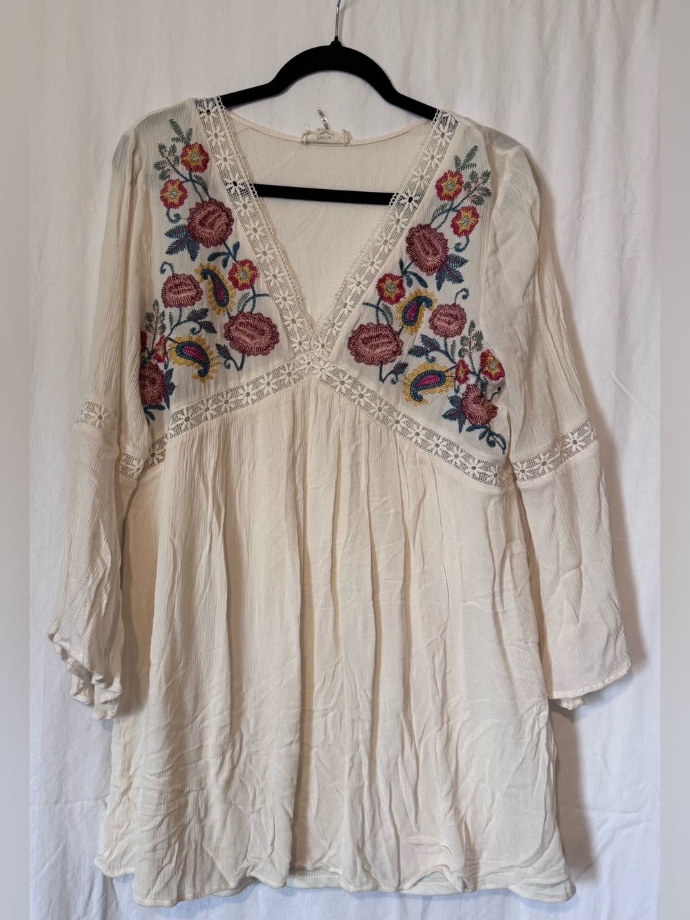 Entro Boho Embroidered Tunic Mini Dress Cream Floral Crochet Trim Size L